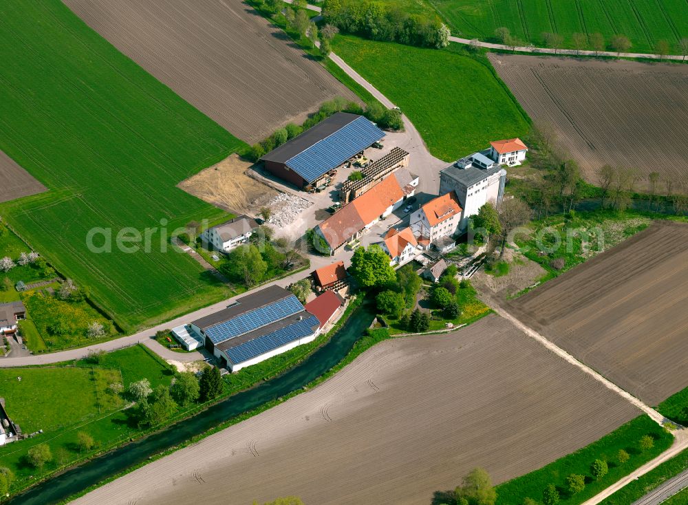 Aerial image Langenau - Homestead and farm outbuildings on the edge of agricultural fields on street Muehlgasse in Langenau in the state Baden-Wuerttemberg, Germany
