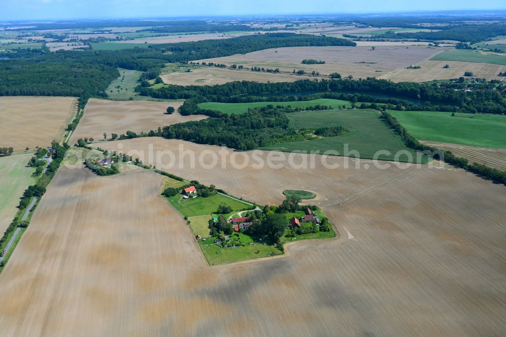 Quadenschönfeld from above - Homestead and farm outbuildings on the edge of agricultural fields in Quadenschoenfeld in the state Mecklenburg - Western Pomerania, Germany
