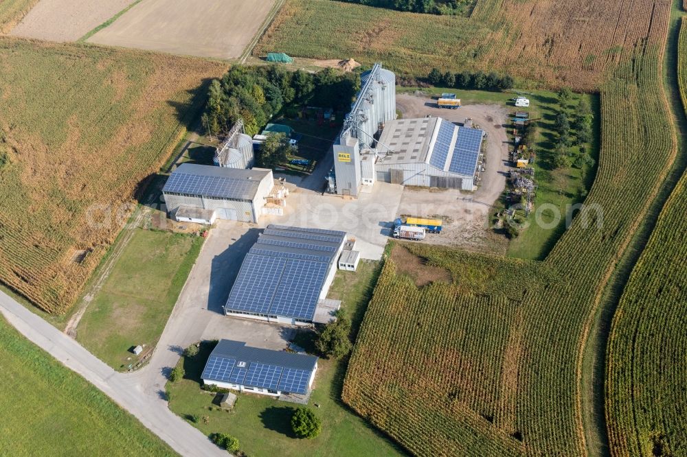 Aerial image Dettenheim - Homestead of a farm Bolz Landhandel GmbH in the district Liedolsheim in Dettenheim in the state Baden-Wurttemberg, Germany