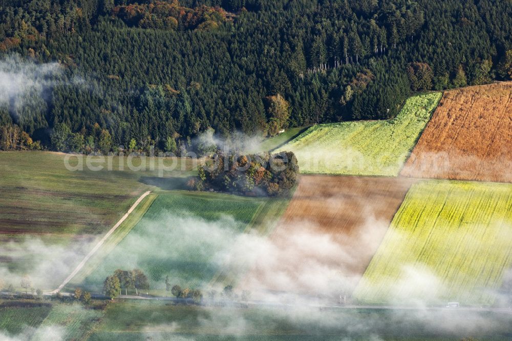 Aerial photograph Pöttmes - Yellow - green contrast of blooming rapeseed flowers on field stripes in Poettmes in the state Bavaria, Germany