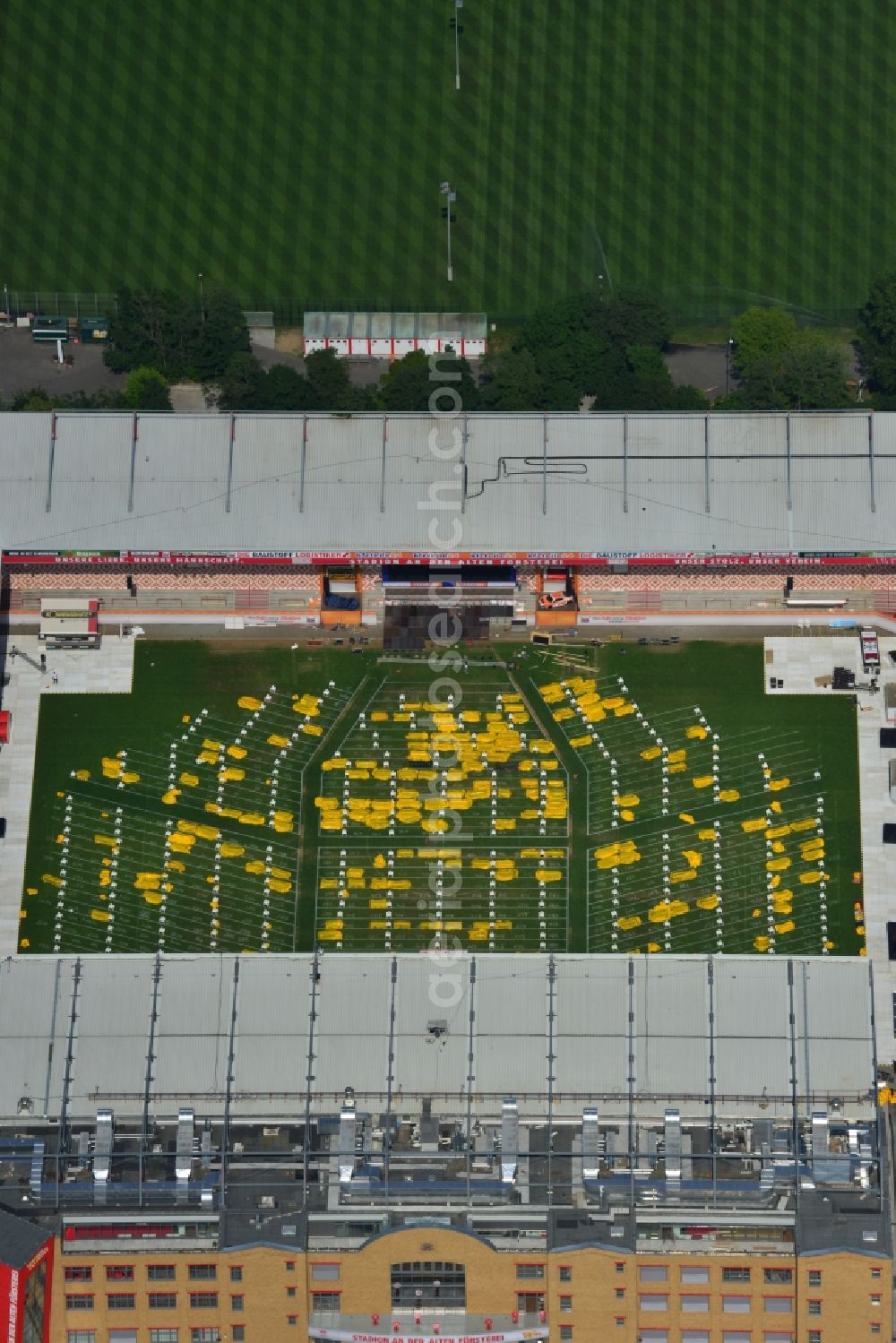 Berlin Köpenick from above - Yellow rows of seats for public viewing on the occasion of World Cup Football World Cup 2014 in Union Stadium in Berlin - Koepenick