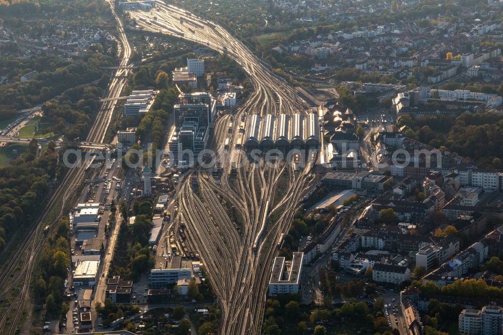 Karlsruhe from above - Marshalling yard and freight and main station of the Deutsche Bahn in the district Suedstadt in Karlsruhe in the state Baden-Wurttemberg, Germany
