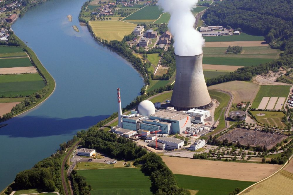 Leibstadt from the bird's eye view: Site of the nuclear power plant - NPP Nuclear Power Plant Leibstadt AG on the banks of the Rhine in Switzerland