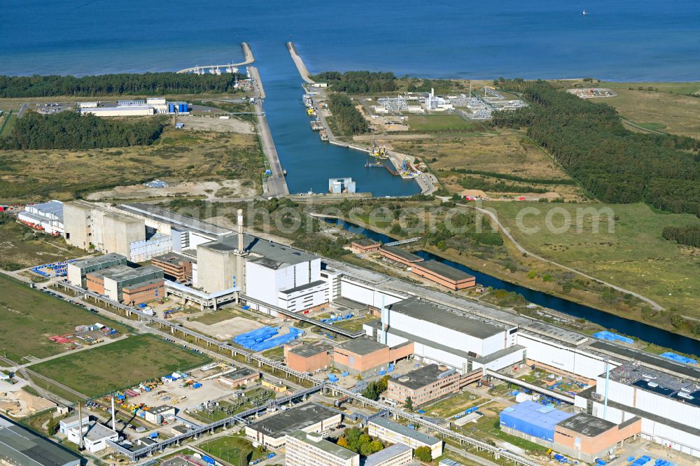 Freesendorf from above - Building the decommissioned reactor units and systems of the NPP - NPP nuclear power plant AKW Lubmin in Freesendorf in the state Mecklenburg - Western Pomerania, Germany