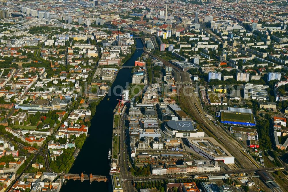 Berlin from above - Arena Mercedes-Benz-Arena on Friedrichshain part of Berlin. The former O2 World - now Mercedes-Benz-Arena - is located in the Anschutz Areal, a business and office space on the riverbank