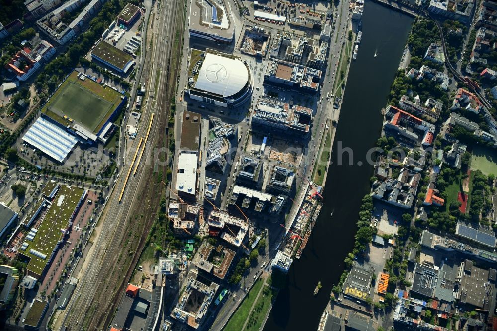 Berlin from above - Arena Mercedes-Benz-Arena on Friedrichshain part of Berlin. The former O2 World - now Mercedes-Benz-Arena - is located in the Anschutz Areal, a business and office space on the riverbank
