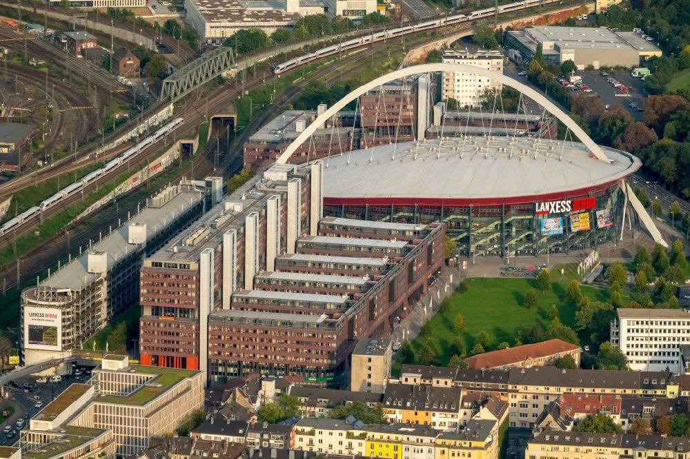 Köln from the bird's eye view: Event and music-concert grounds of the Arena Lanxess Arena on Willy-Brandt-Platz in Cologne in the state North Rhine-Westphalia, Germany