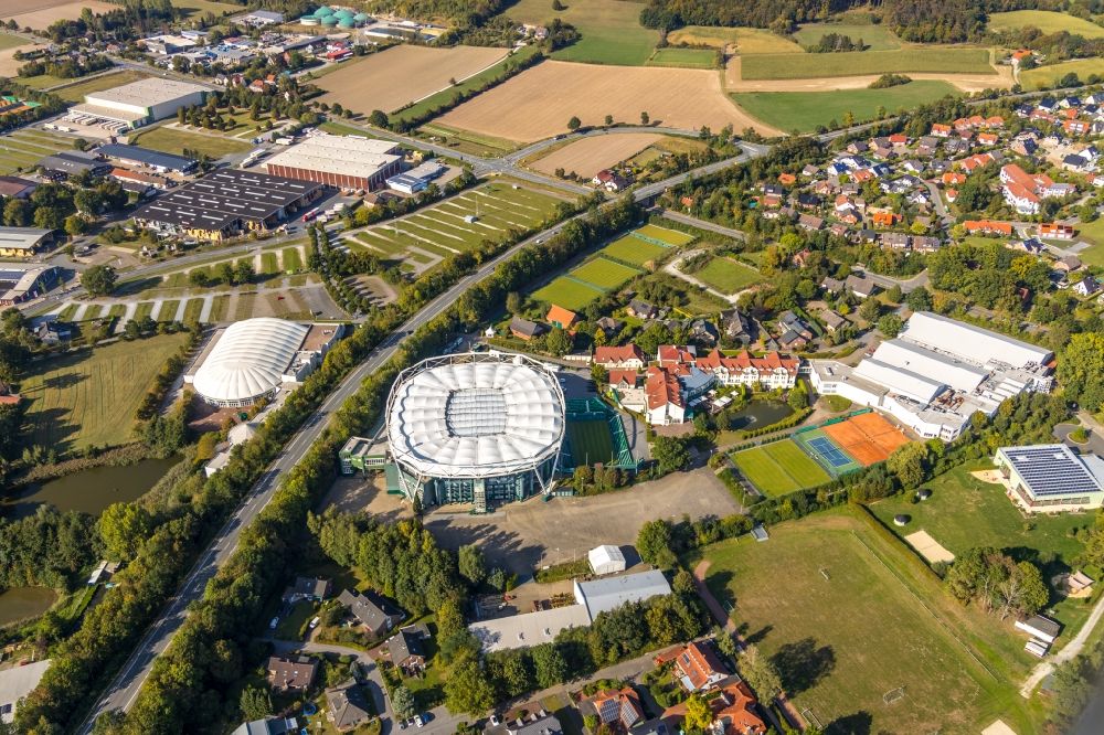 Halle (Westfalen) from above - Event and music-concert grounds of the Arena and the event location of OWL ARENA and the OWL EVENT CENTER on Roger-Federer-Allee in Halle (Westfalen) in the state North Rhine-Westphalia, Germany