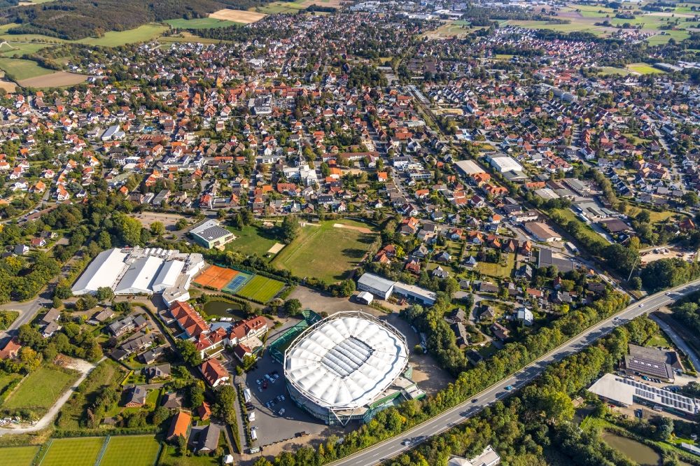 Aerial image Halle (Westfalen) - Event and music-concert grounds of the Arena and the event location of OWL ARENA and the OWL EVENT CENTER on Roger-Federer-Allee in Halle (Westfalen) in the state North Rhine-Westphalia, Germany