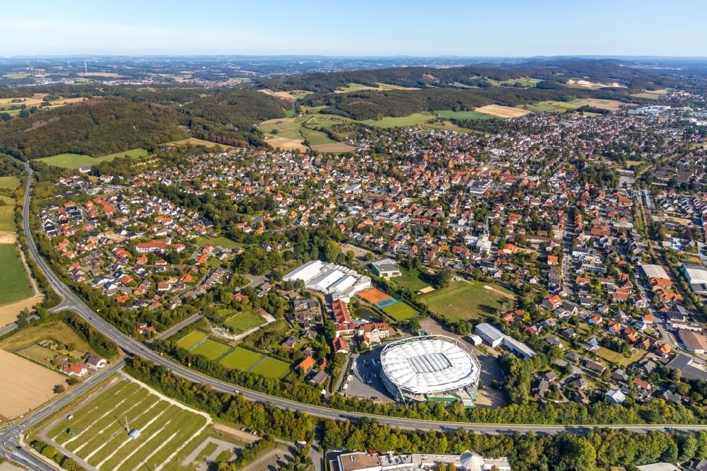Aerial photograph Halle (Westfalen) - Event and music-concert grounds of the Arena and the event location of OWL ARENA and the OWL EVENT CENTER on Roger-Federer-Allee in Halle (Westfalen) in the state North Rhine-Westphalia, Germany