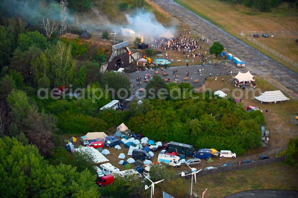 Werneuchen from above - Participants in the Aware - music festival on the event concert area in Werneuchen in the state Brandenburg, Germany