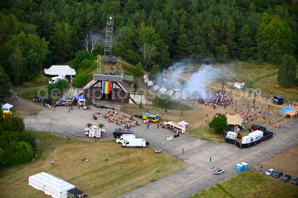 Werneuchen from the bird's eye view: Participants in the Aware - music festival on the event concert area in Werneuchen in the state Brandenburg, Germany