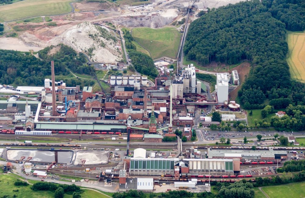 Heringen (Werra) from above - Site of the mining stockpile for potash and salt production Monte Kali in Heringen (Werra) in the state Hesse, Germany