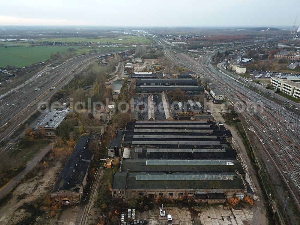 Halle (Saale) from above - Ruins of grounds of the former german railway Reichsbahn repair shop RAW Halle Saale in the state of Saxony Anhalt