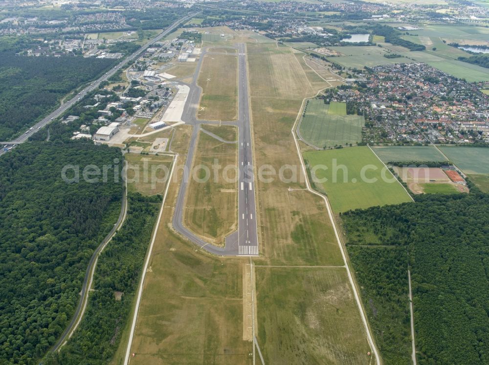 Braunschweig from above - Runway with hangar taxiways and terminals on the grounds of the airport Braunschweig-Wolfsburg in Brunswick in the state Lower Saxony, Germany