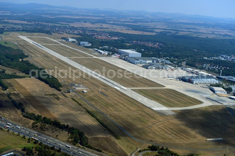 Dresden from above - Runway with hangar taxiways and terminals on the grounds of the airport in the district Klotzsche in Dresden in the state Saxony, Germany