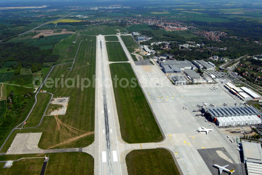 Dresden from above - Runway with hangar taxiways and terminals on the grounds of the airport in the district Klotzsche in Dresden in the state Saxony, Germany