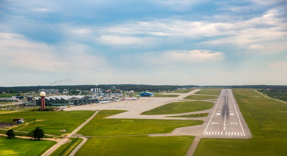 Gdansk - Danzig from above - Runway with hangar taxiways and terminals on the grounds of the airport in the district Matarnia in Gdansk - Danzig in Pomorskie, Poland