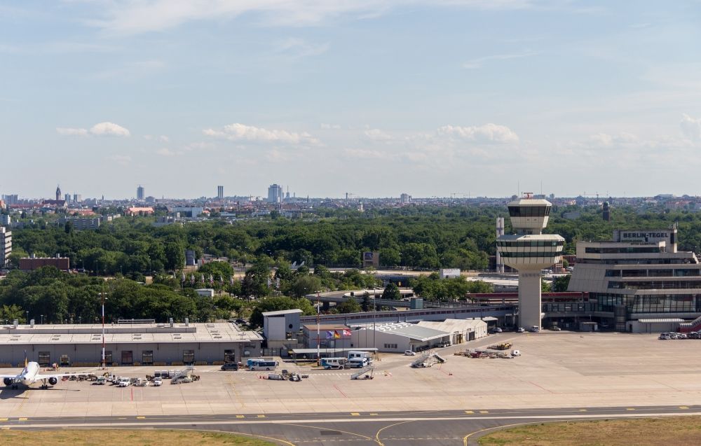 Berlin from above - Runway with hangar taxiways and terminals on the grounds of the airport in the district Tegel in Berlin, Germany