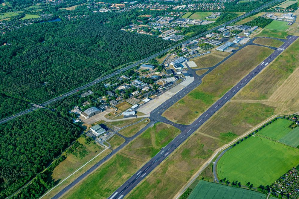 Braunschweig from above - Runway with hangar taxiways and terminals on the grounds of the airport in the district Waggum in Brunswick in the state Lower Saxony, Germany