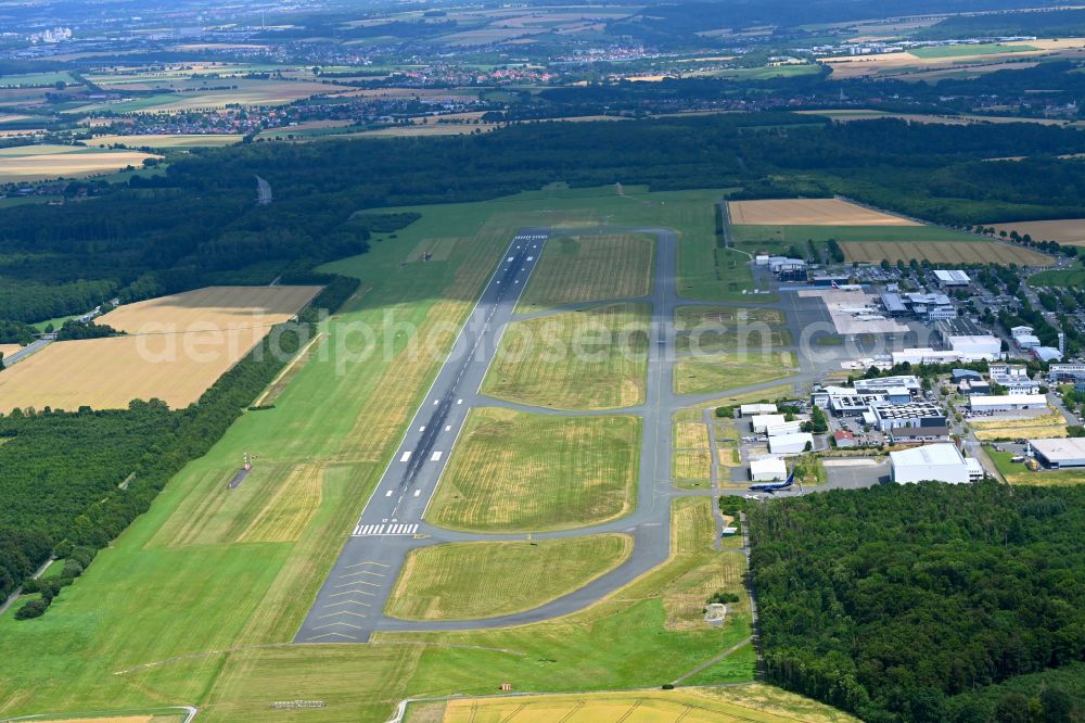 Aerial image Büren - Runway with hangar taxiways and terminals on the grounds of the airport Paderborn-Lippstadt Airport PAD in Bueren in the state North Rhine-Westphalia, Germany
