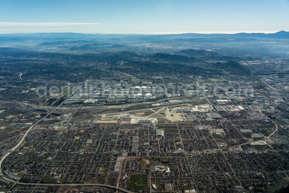 Aerial image San Bernardino - Runway with hangar taxiways and terminals on the grounds of the airport San Bernardino International Airport in San Bernardino in California, United States of America