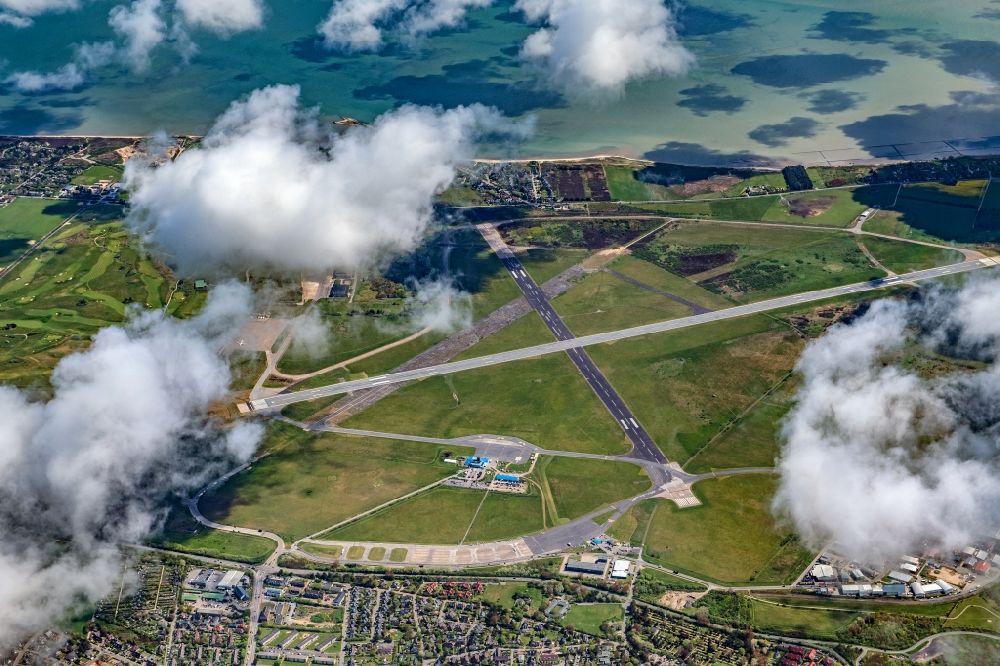 Sylt from above - Runway with hangar taxiways and terminals on the grounds of the airport Westerland at the island Sylt in the state Schleswig-Holstein, Germany