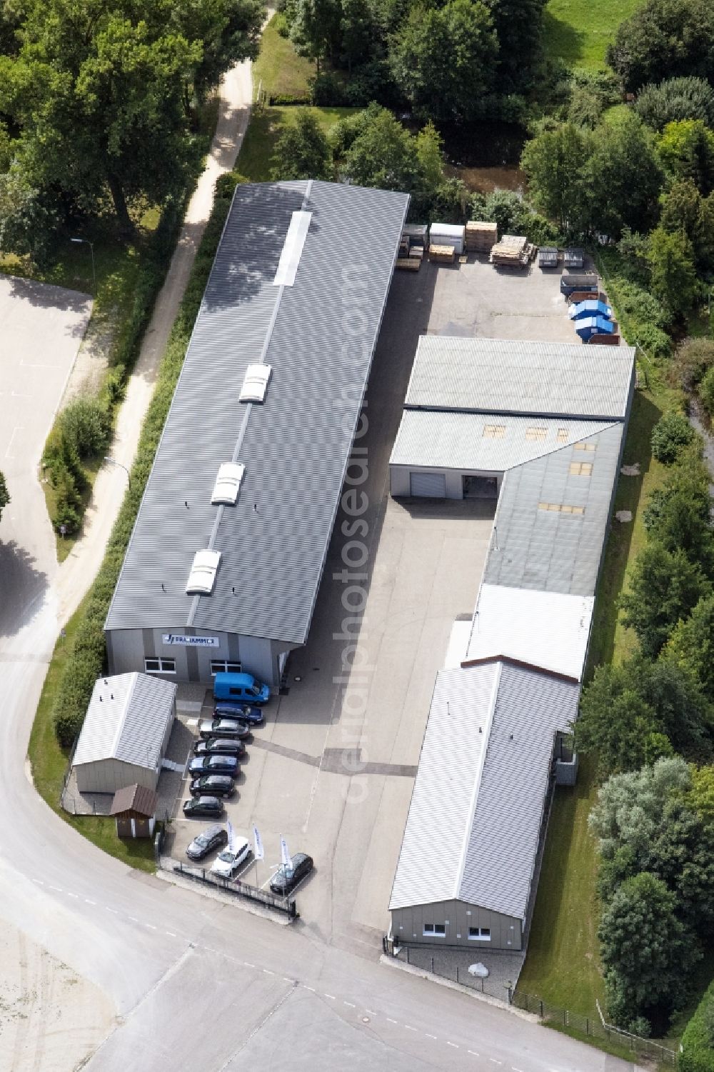 Pöttmes from above - Company premises of Frahammer GmbH & Co. KG with halls and company buildings in Poettmes in the state Bavaria, Germany
