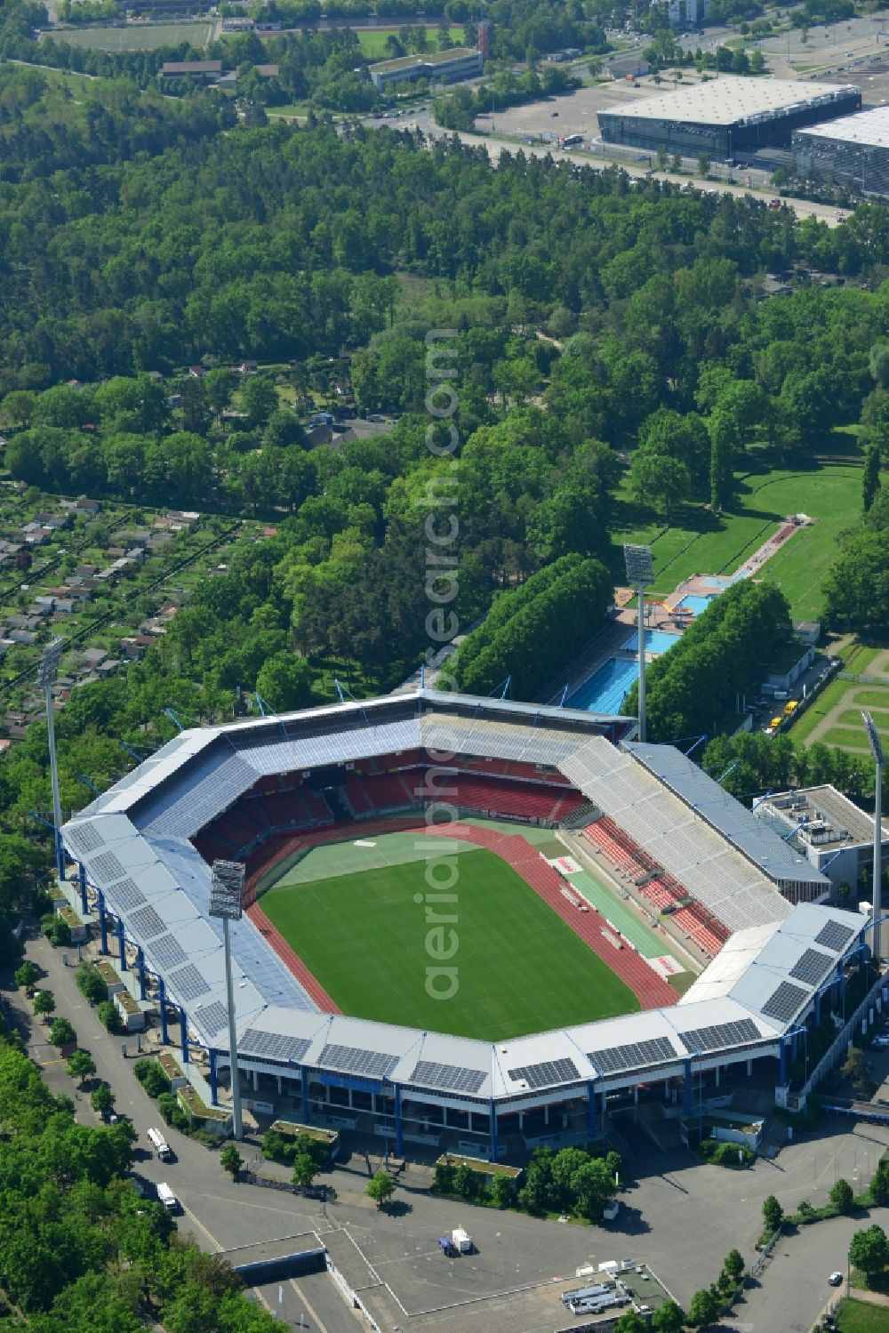 Nürnberg from above - Grounds at Grundig Stadium (formerly known as EasyCredit Stadium or Franken-Stadion) in Nuremberg in Bavaria
