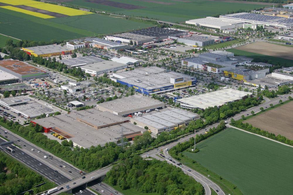 München Eching from the bird's eye view: Grounds of the IKEA store Munich Eching in Bavaria
