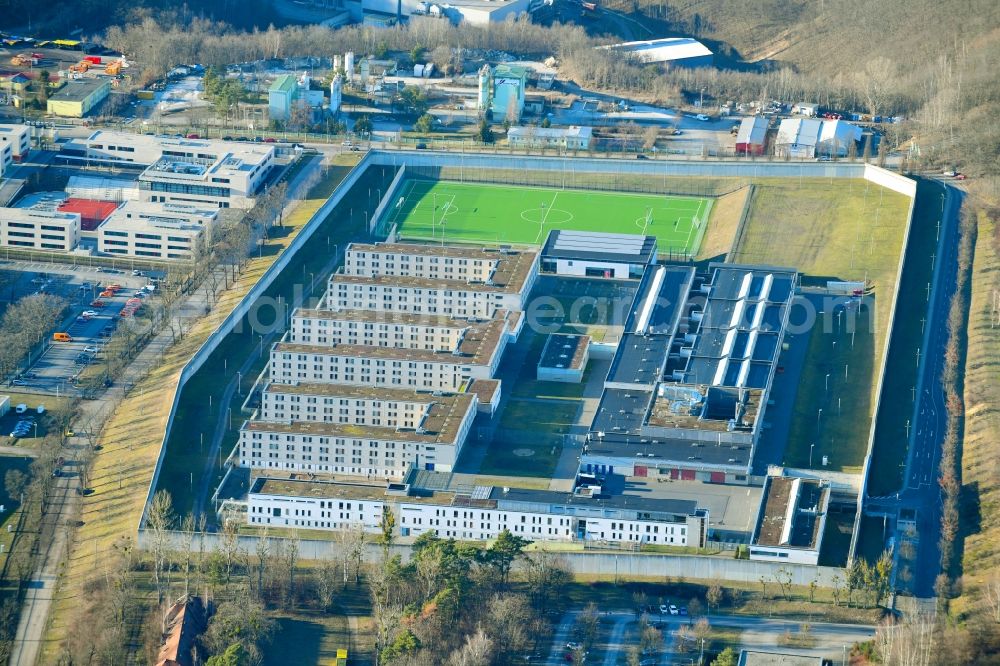 Dresden from the bird's eye view: Prison grounds and high security fence Prison in the Hammerweg Dresden in Dresden in the state Saxony