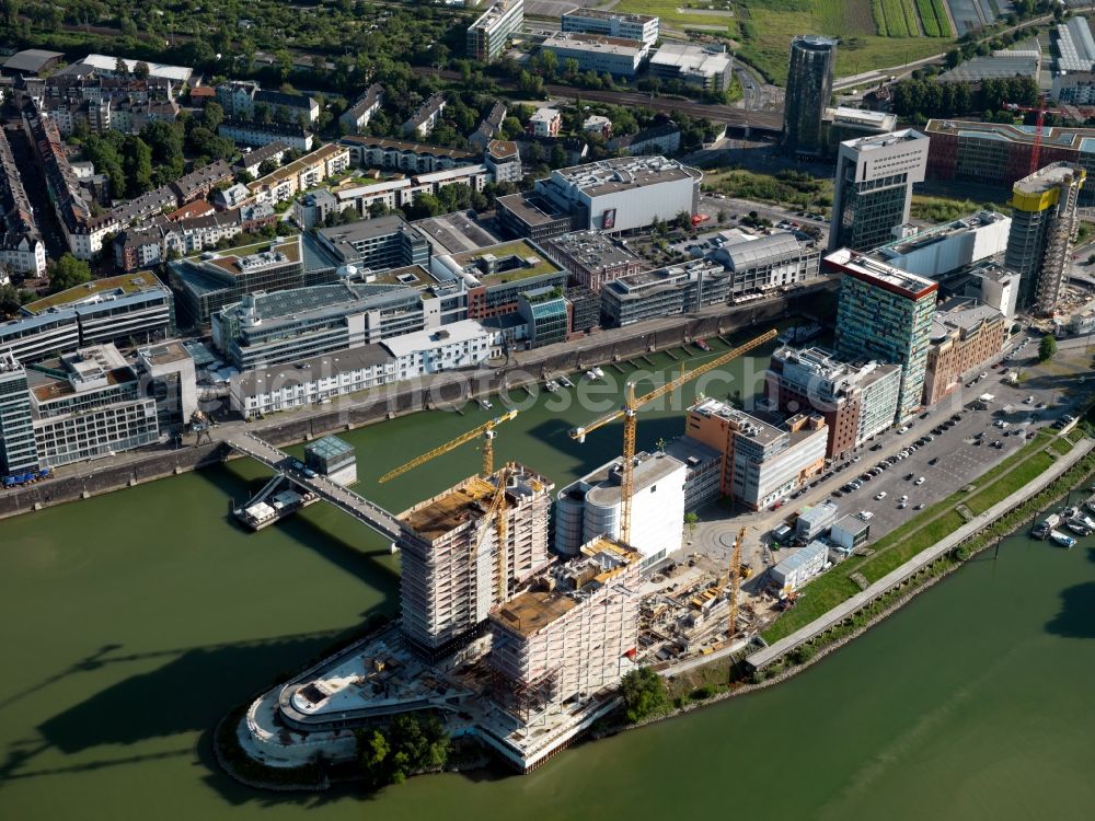 Aerial image Düsseldorf - Site of the Düsseldorf media harbor on the banks of the Rhine in North Rhine-Westphalia