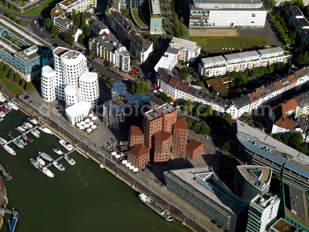 Aerial image Düsseldorf - Site of the Düsseldorf media harbor on the banks of the Rhine in North Rhine-Westphalia