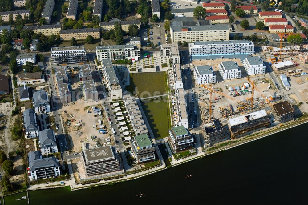 Aerial image Berlin - View of the area of the new construction project NeueWasserliebe - 52 Grad Nord Wohnen am Wasser in Berlin-Gruenau in the district of Gruenau in Berlin