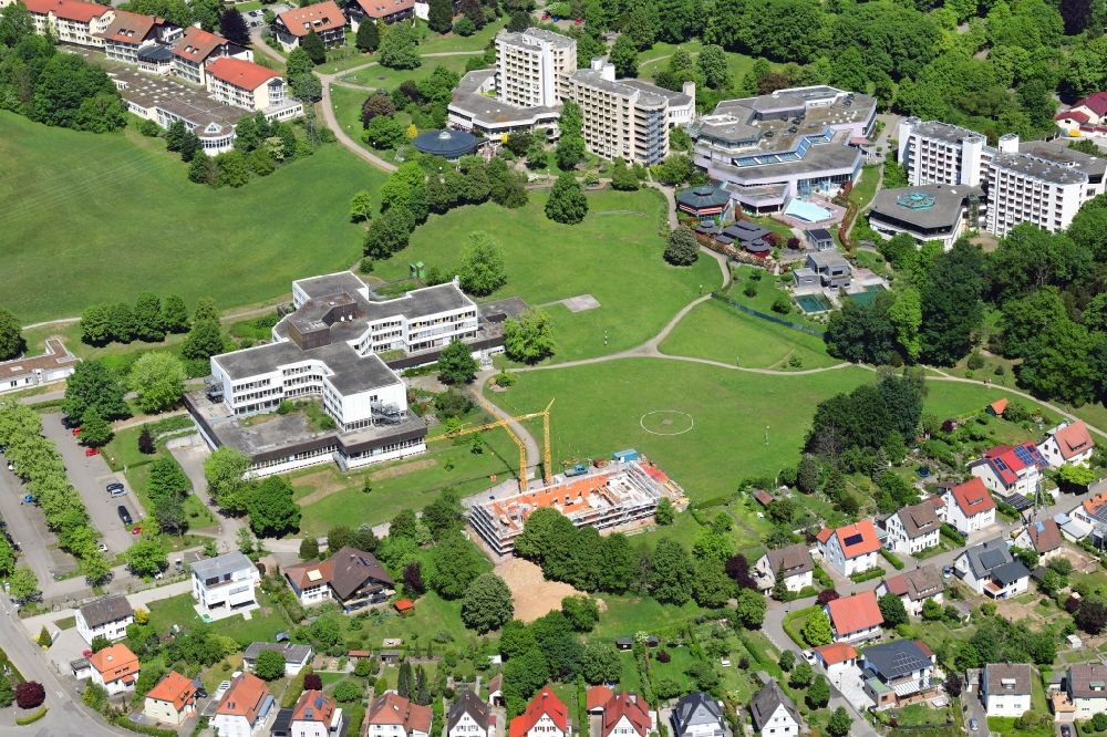 Bad Säckingen from above - Hospital grounds of the former clinic and health resort in Bad Saeckingen in the state Baden-Wurttemberg, Germany. Construction works for the new kindergarten of the planned health campus