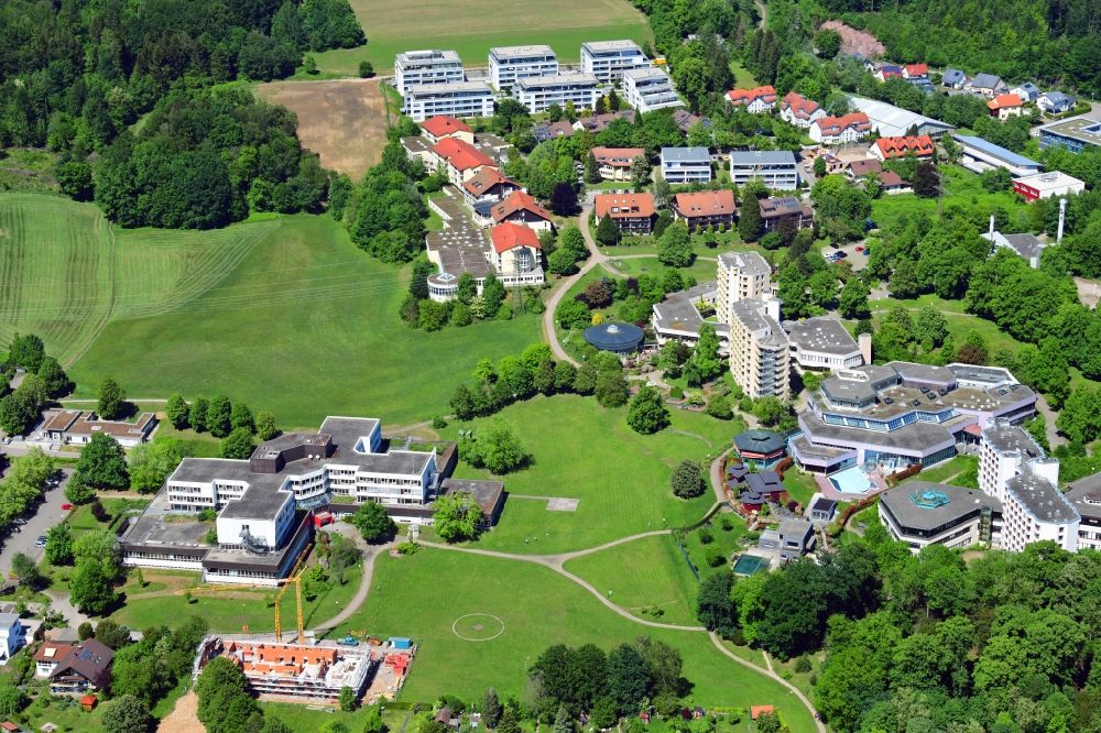 Bad Säckingen from the bird's eye view: Hospital grounds of the former clinic and health resort in Bad Saeckingen in the state Baden-Wurttemberg, Germany. Construction works for the new kindergarten of the planned health campus