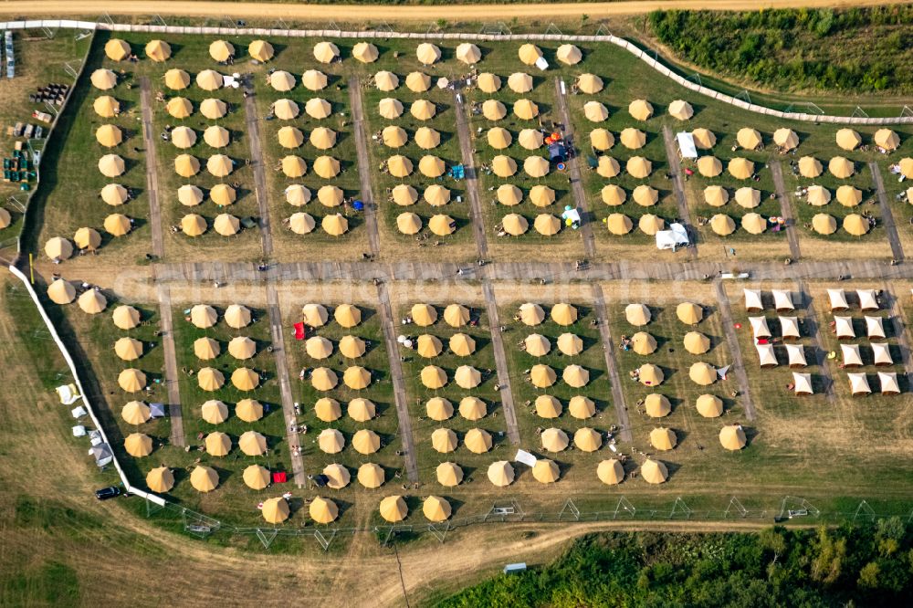 Weeze from above - Participants in the PAROOKAVILLE - Electronic Music Festival music festival on the event concert area in Weeze in the state North Rhine-Westphalia, Germany