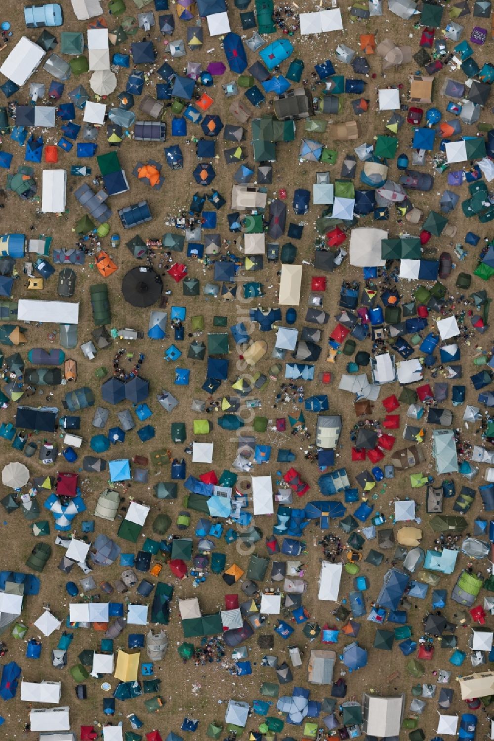 Aerial image Nürburg - Participants in the Rock am Ring music festival on the event concert area in Nuerburg in the state Rhineland-Palatinate, Germany