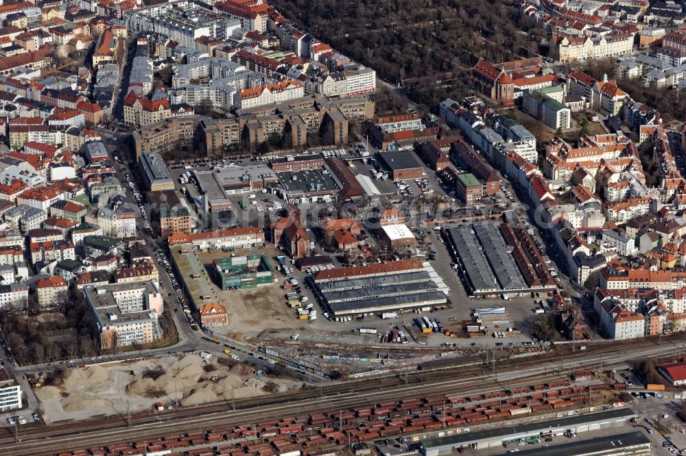 München from above - Ground of the slaughterhouse in Munich Sendling in the state of Bavaria. The slaughterhouse, situated on the road of Zenettistrasse and Thalkirner Strasse, also serves the wholesale trade with meat, poultry, fish and delicatessen