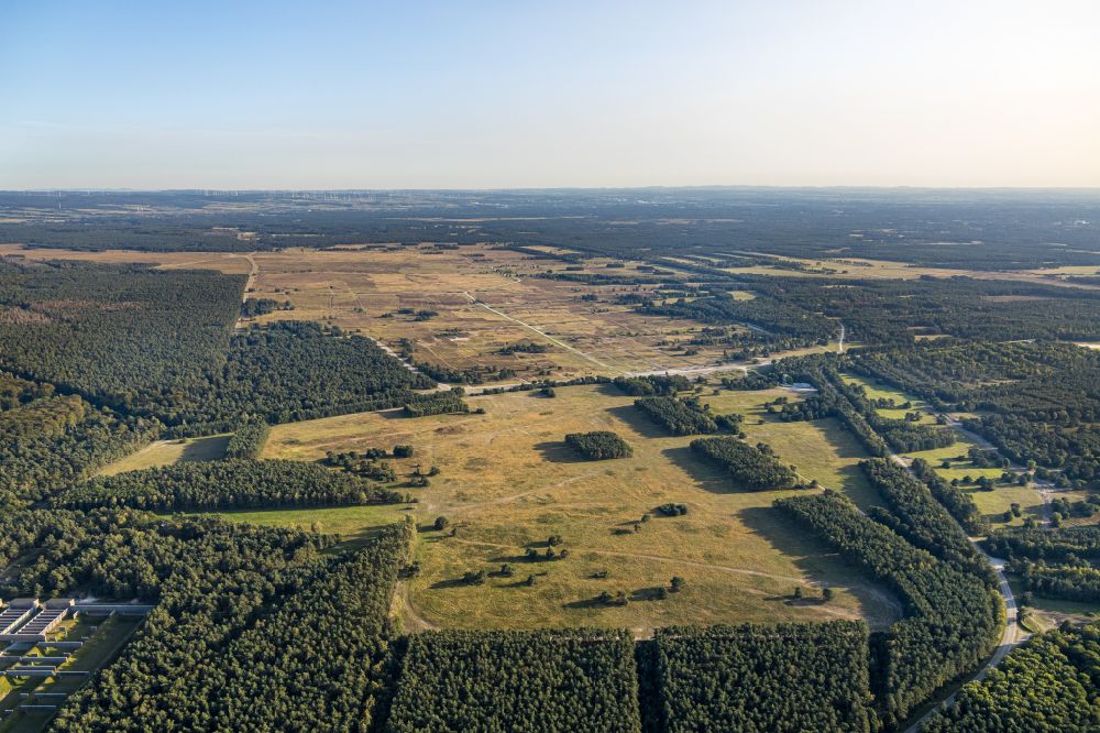 Augustdorf from above - Areal of military training ground for tank vehicles of the Generalfeldmarschall Rommel Kaserne in the district Heidehaus in Augustdorf in the state North Rhine-Westphalia, Germany