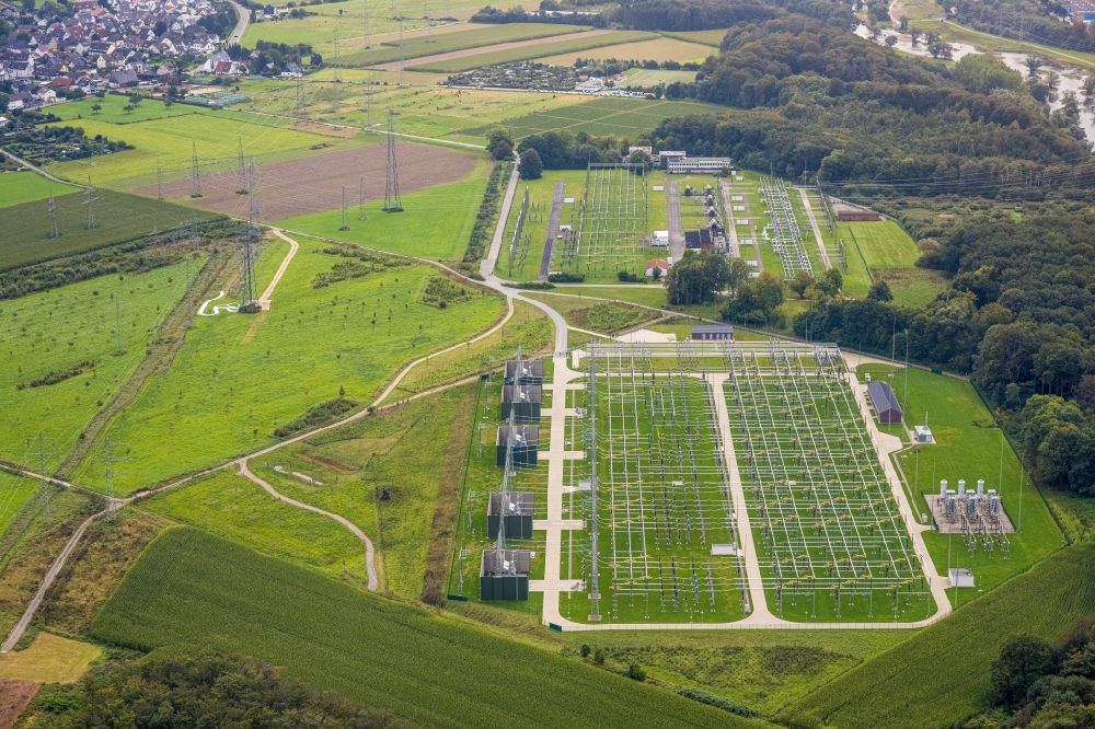 Hagen from above - Site of the substation for voltage conversion and electrical power supply of Amprion GmbH in Hagen at Ruhrgebiet in the state North Rhine-Westphalia, Germany