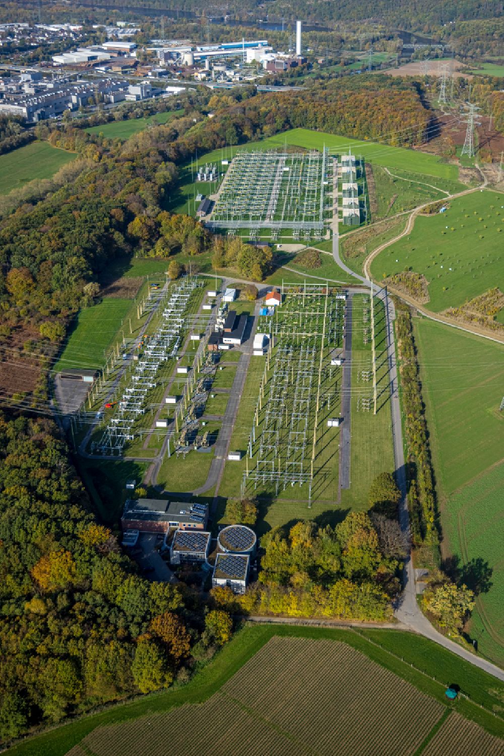 Aerial image Hagen - Site of the substation for voltage conversion and electrical power supply of Amprion GmbH in Hagen in the state North Rhine-Westphalia, Germany