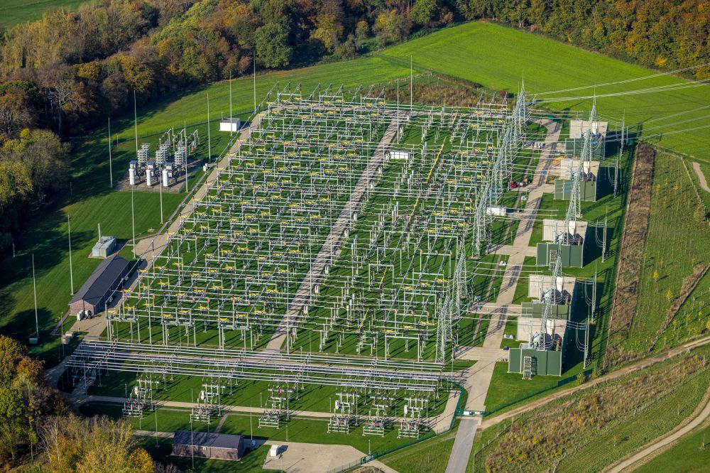 Aerial photograph Hagen - Site of the substation for voltage conversion and electrical power supply of Amprion GmbH in Hagen in the state North Rhine-Westphalia, Germany