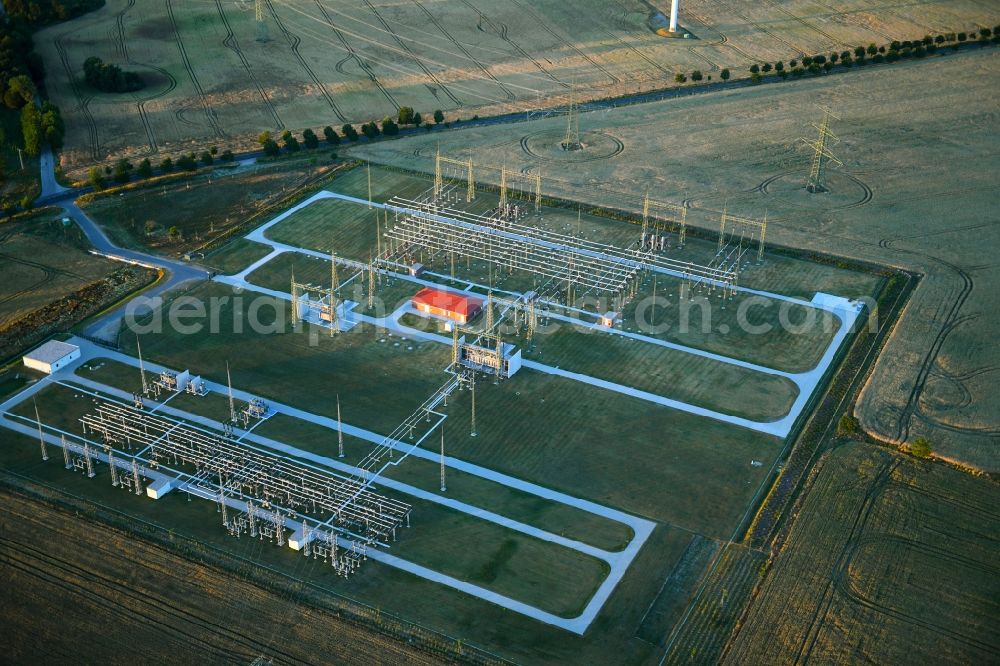 Badingen from the bird's eye view: Site of the substation for voltage conversion and electrical power supply in Badingen in the state Brandenburg, Germany