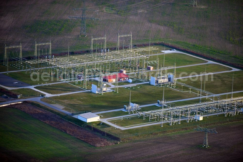 Badingen from above - Site of the substation for voltage conversion and electrical power supply in Badingen in the state Brandenburg, Germany