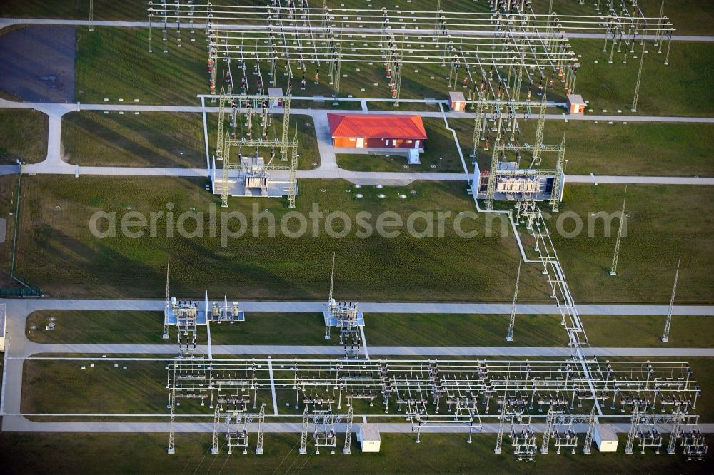 Aerial photograph Badingen - Site of the substation for voltage conversion and electrical power supply in Badingen in the state Brandenburg, Germany