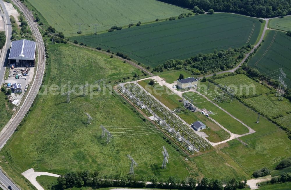 Aerial photograph Kleinschwabhausen - Site of the substation for voltage conversion and electrical power supply of Bayernwerk Netz GmbH in Kleinschwabhausen in the state Thuringia, Germany