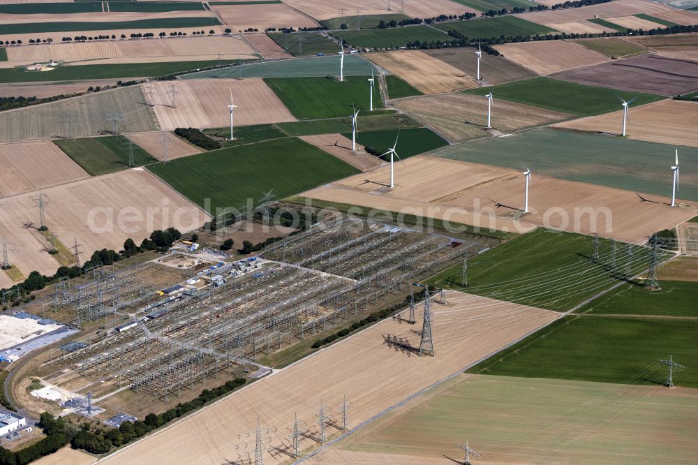 Aerial photograph Bergheim - Site of the substation for voltage conversion and electrical power supply on street Am Werkstor in Bergheim in the state North Rhine-Westphalia, Germany