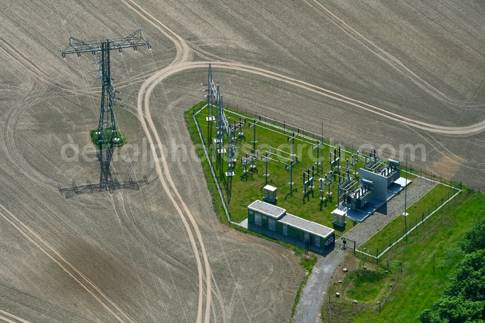 Aerial image Blumberg - Site of the substation for voltage conversion and electrical power supply on a field in Blumberg in the state Brandenburg, Germany
