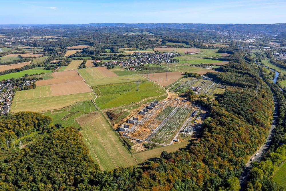 Aerial image Garenfeld - Site of the substation for voltage conversion and electrical power supply in Garenfeld in the state North Rhine-Westphalia, Germany